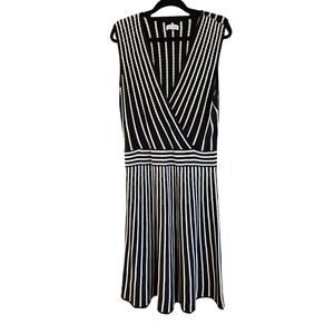 Calvin Klein Black White Striped Faux Wrap Sleeveless Knee Length Sweater Dress